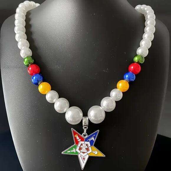 OES Eastern Star Pendant with White, Blue, Yellow, Red & Green Pearls - Picture 2 of 5